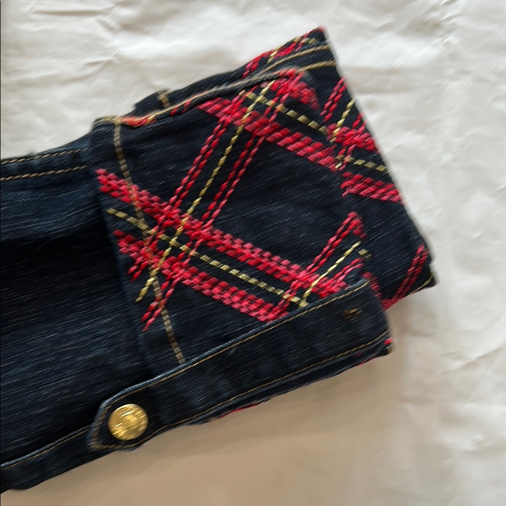 EXCELLENT!!Apple Bottoms Dark deim and Red Jeans with Tartan Patches size 5 - Picture 4 of 11
